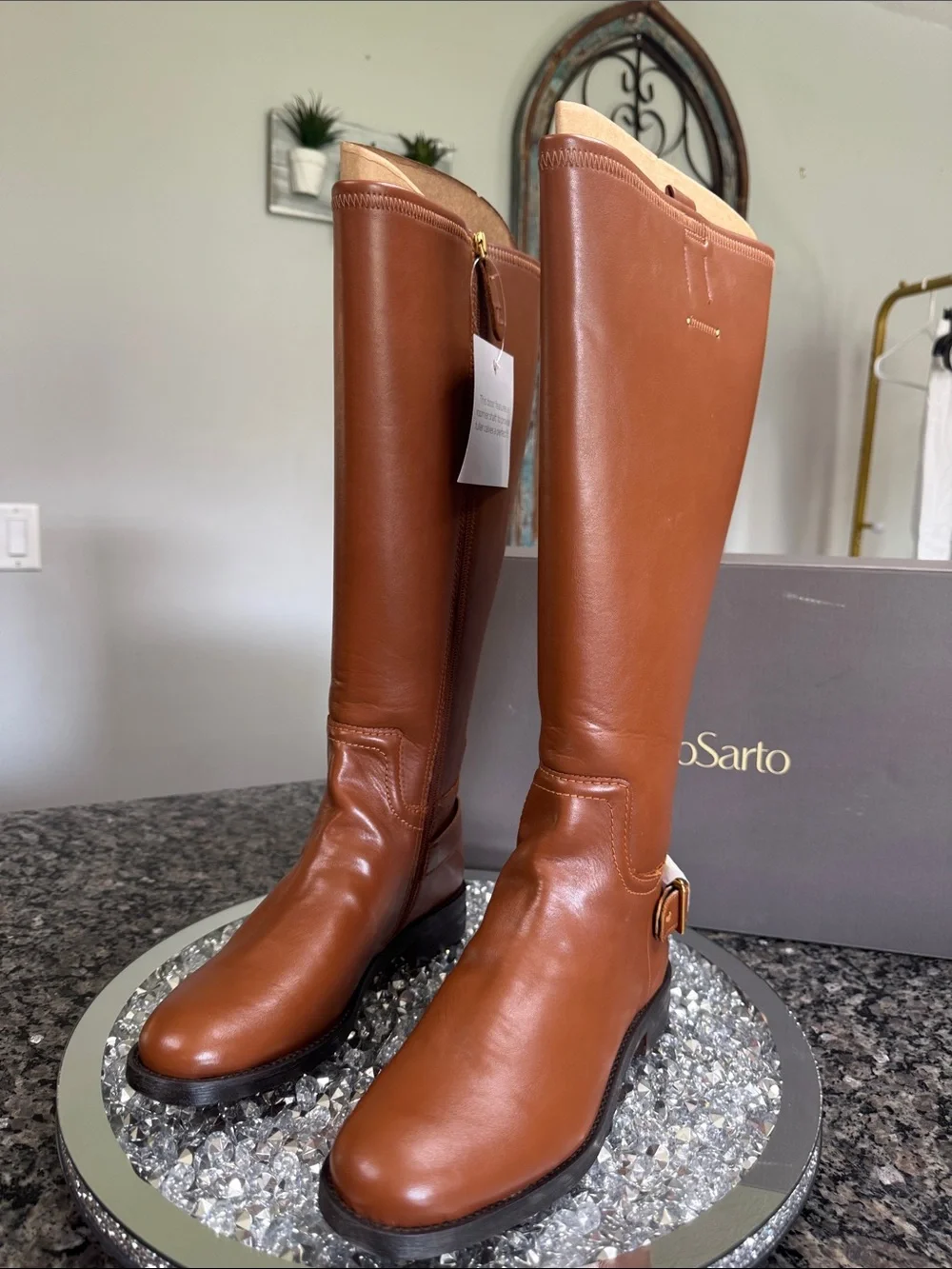 Franco Sarto Tall Cognac Over-the-Knee Boots with Gold Buckle NEW WIDE CALF 7